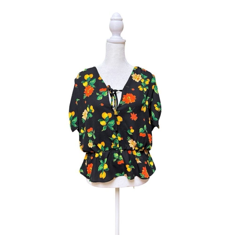 Socialite Lemon Print Blouse M Black Citrus Floral Top